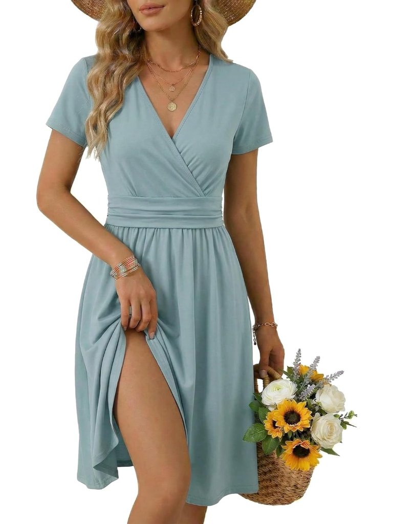 Women's Wrap V Neck A Line Midi Summer Blue Dresses With Pockets
